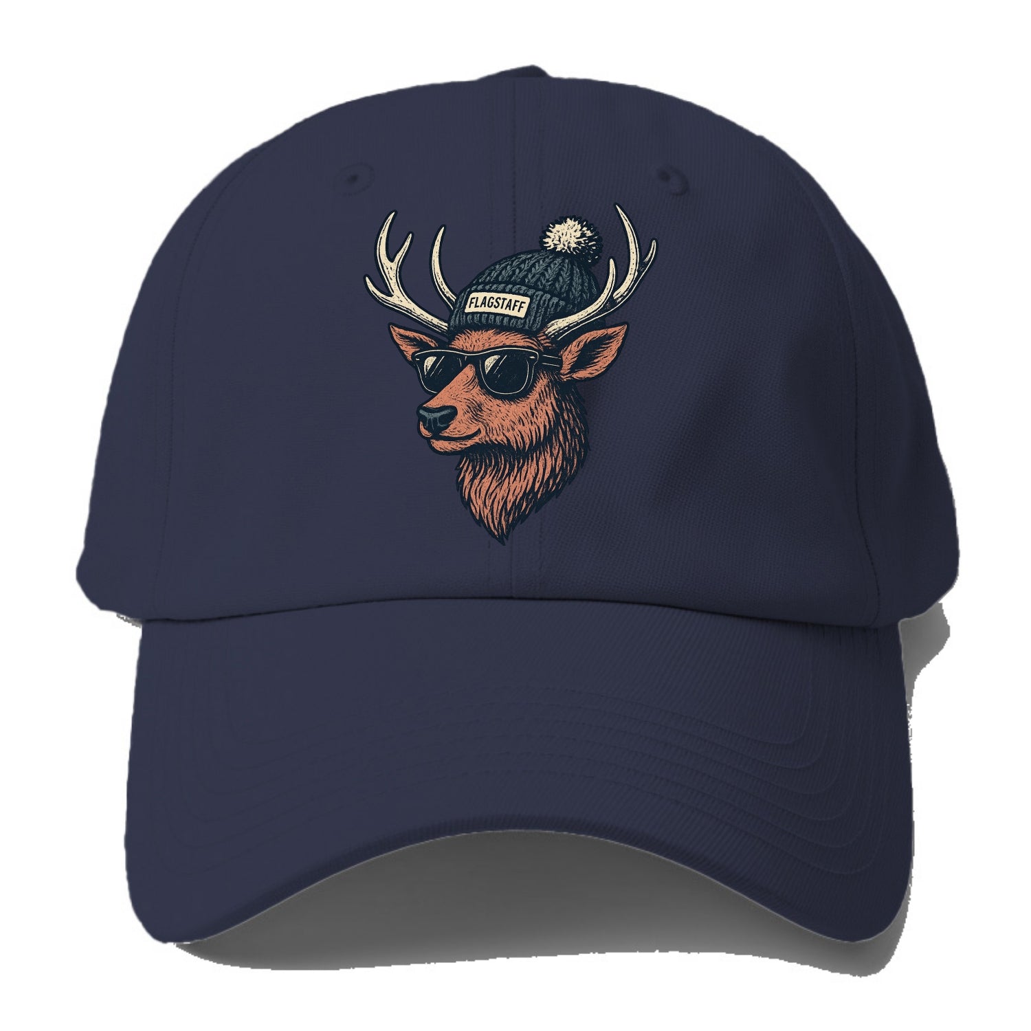 Flagstaff Elk wearing Flagstaff beanie with pom pom and wayfarer sunglasses - Baseball Cap - Twilight Navy(Blue)