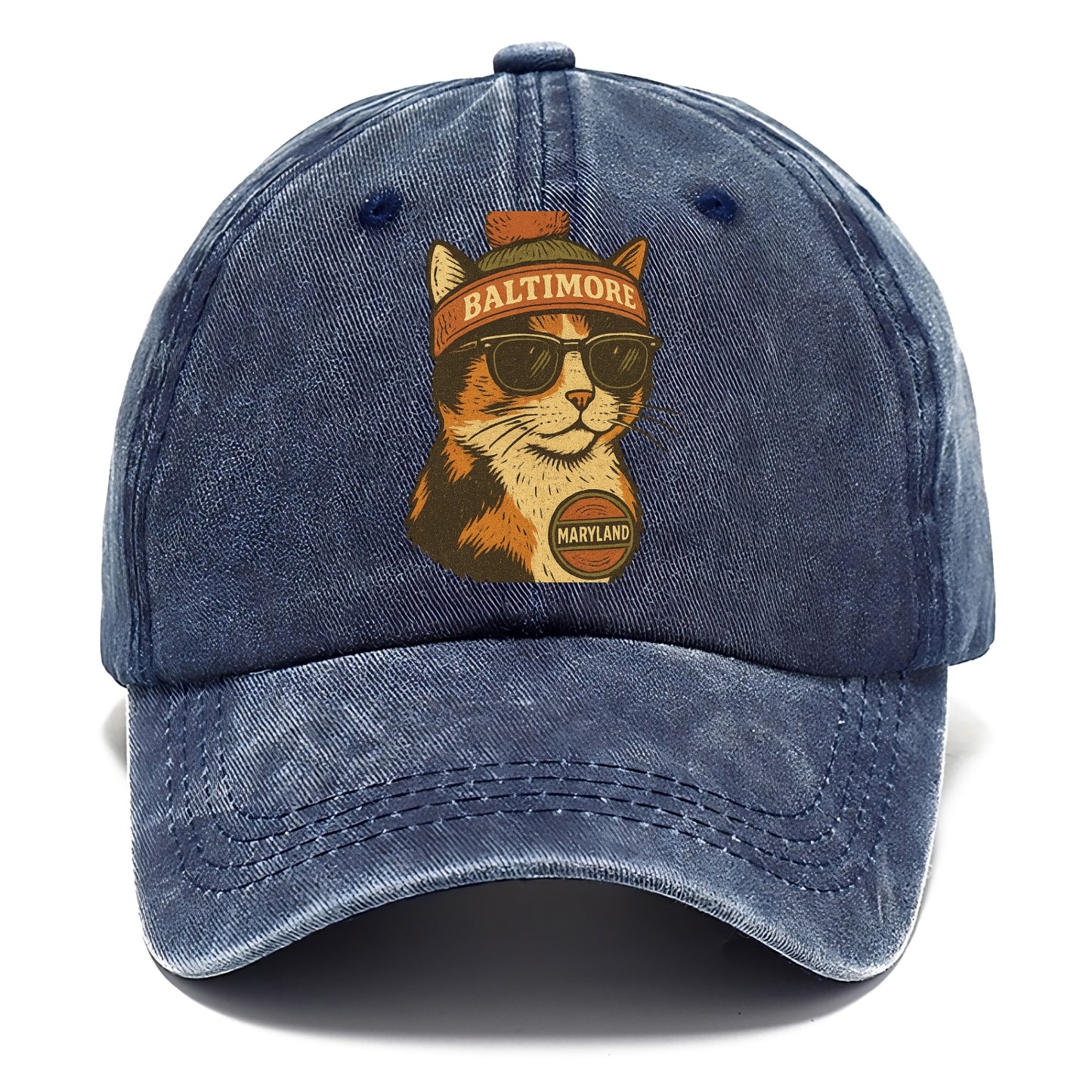 Maryland Calico Cat wearing Baltimore beanie with pom pom and wayfarer sunglasses - Classic Cap - Twilight Navy(Blue)
