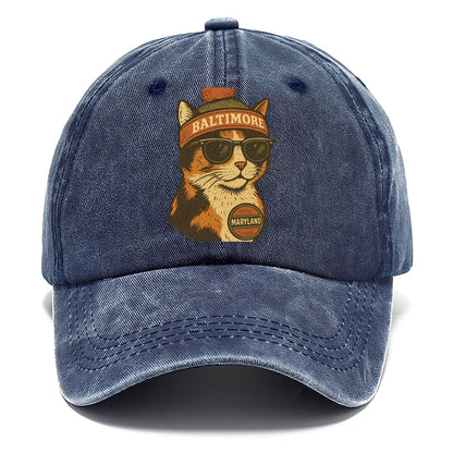Maryland Calico Cat wearing Baltimore beanie with pom pom and wayfarer sunglasses - Classic Cap - Twilight Navy(Blue)