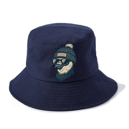 Chicago Pigeon wearing Chicago beanie with pom pom and wayfarer sunglasses - Bucket Hat - Twilight Navy(Blue)