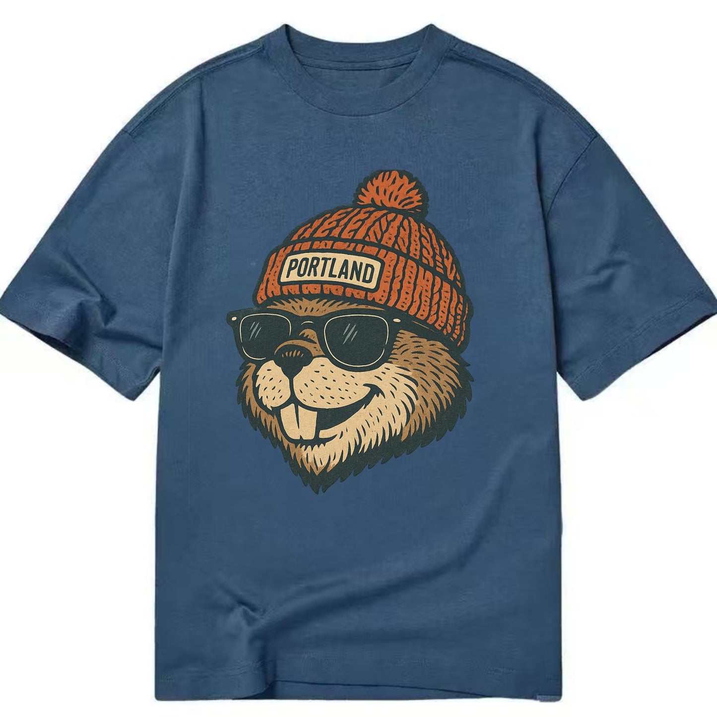 Oregon Beaver wearing Portland beanie with pom pom and wayfarer sunglasses - Classic T-shirt - Twilight Navy(Blue)