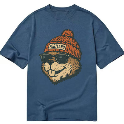 Oregon Beaver wearing Portland beanie with pom pom and wayfarer sunglasses - Classic T-shirt - Twilight Navy(Blue)
