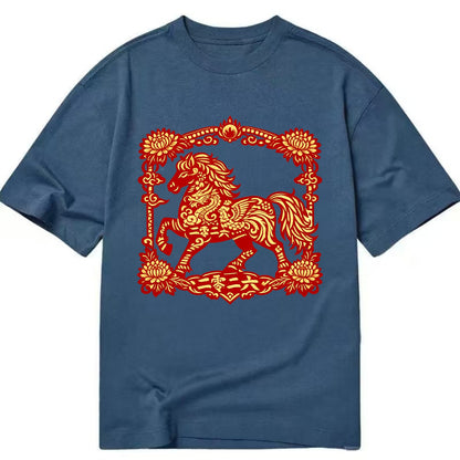 HORSE | Silk style horse design | Gold and silver thread appearance | Phoenix and - Classic T-shirt - Twilight Navy(Blue)