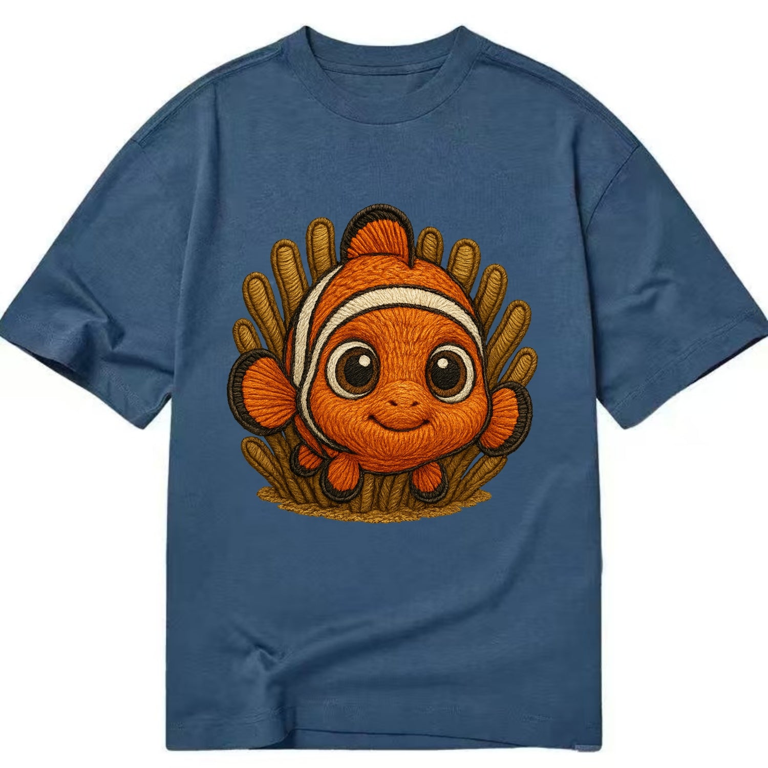 Baby Clownfish - orange with white stripes, big round eyes, front-facing in - Classic T-shirt - Twilight Navy(Blue)