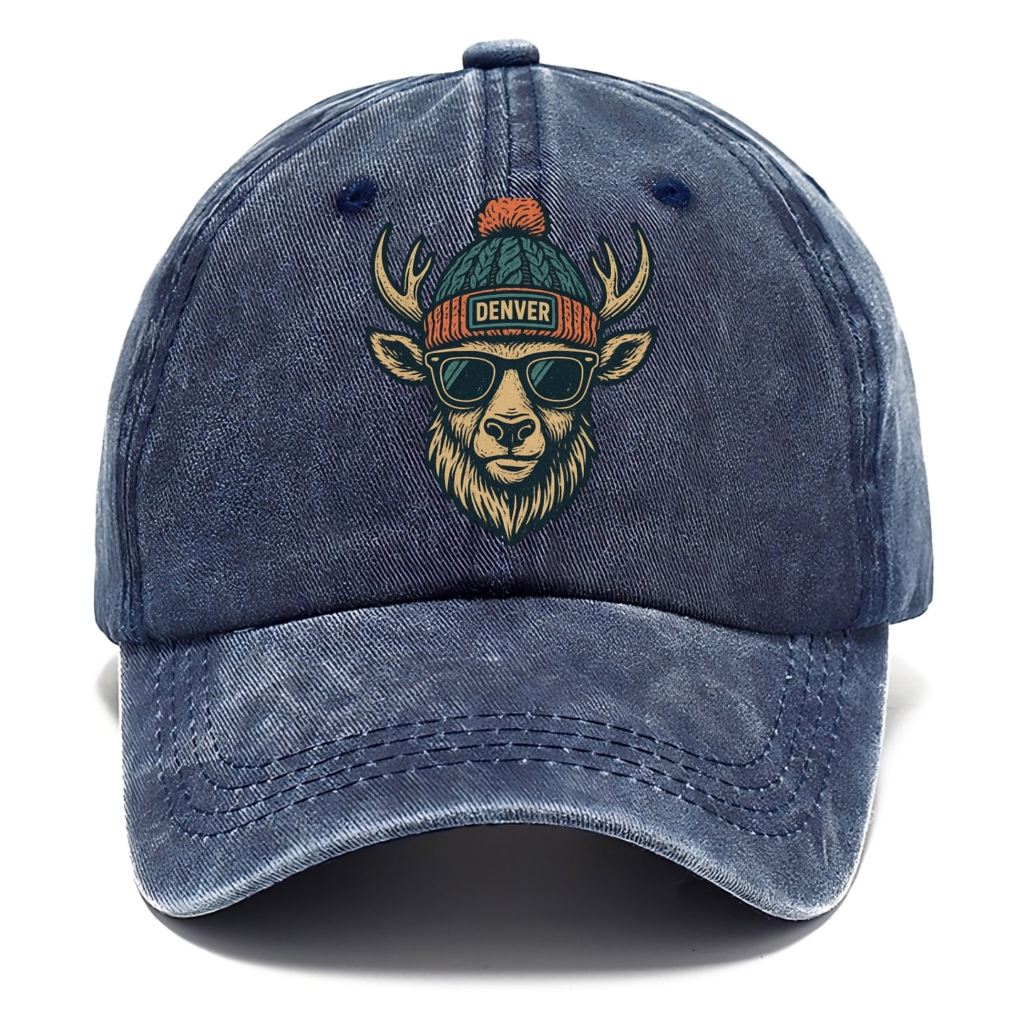 Denver Elk wearing Denver beanie with pom pom and wayfarer sunglasses - Classic Cap - Twilight Navy(Blue)