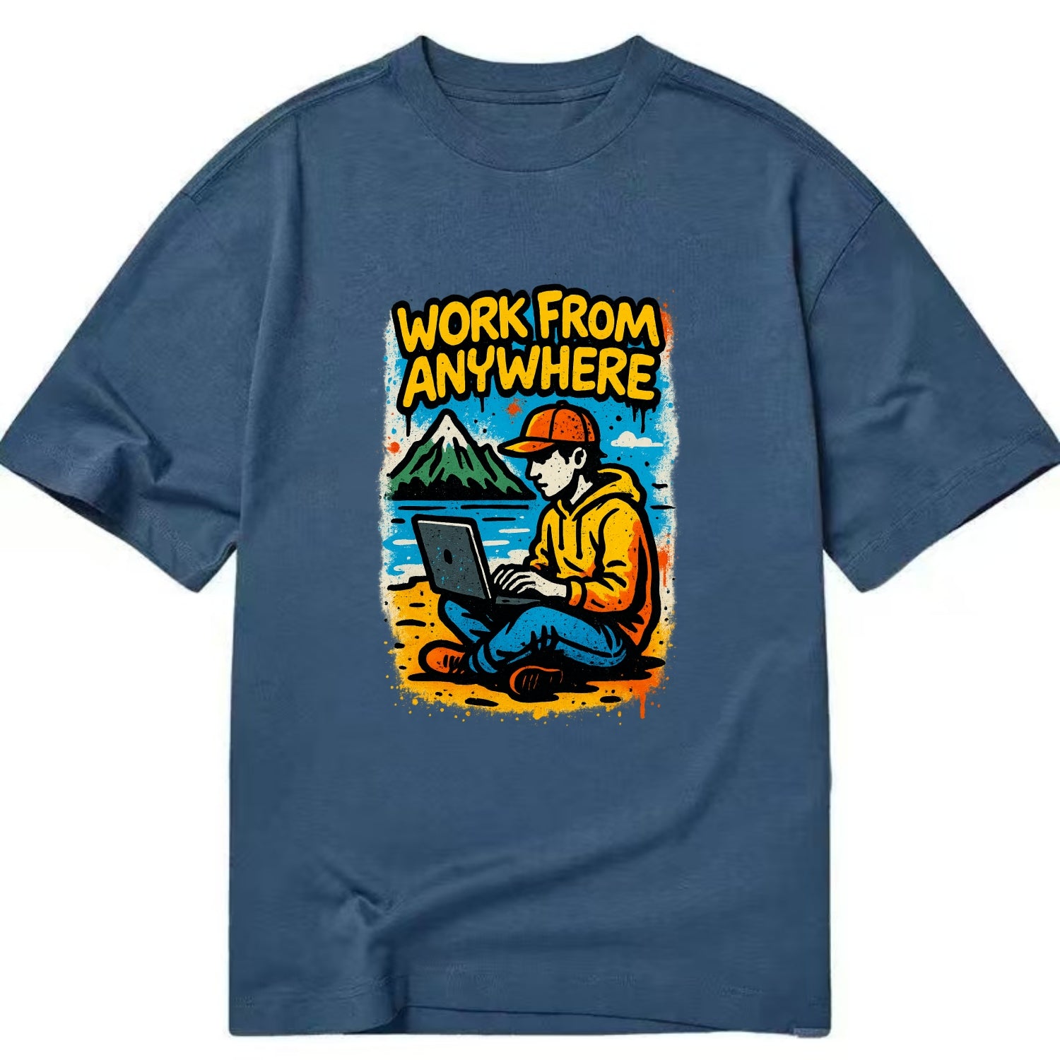Digital nomad with laptop on beach/mountain - work from anywhere lifestyle, - Classic T-shirt - Twilight Navy(Blue)