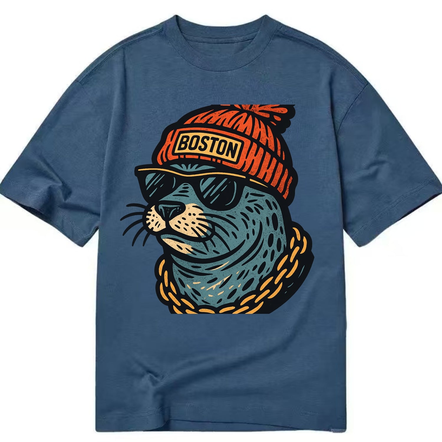 Boston Harbor Seal wearing Boston beanie with pom pom and wayfarer sunglasses - Classic T-shirt - Twilight Navy(Blue)