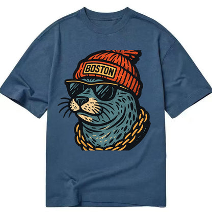 Boston Harbor Seal wearing Boston beanie with pom pom and wayfarer sunglasses - Classic T-shirt - Twilight Navy(Blue)