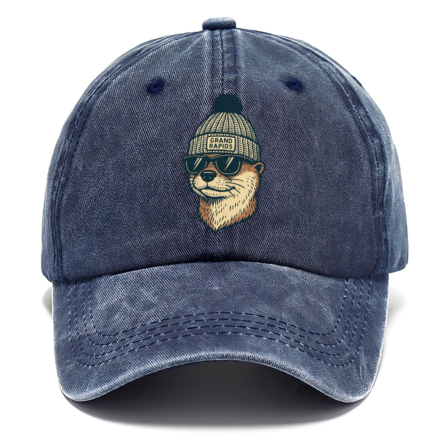 Grand Rapids River Otter wearing Grand Rapids beanie with pom pom and wayfarer - Classic Cap - Twilight Navy(Blue)