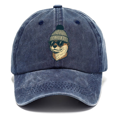 Grand Rapids River Otter wearing Grand Rapids beanie with pom pom and wayfarer - Classic Cap - Twilight Navy(Blue)