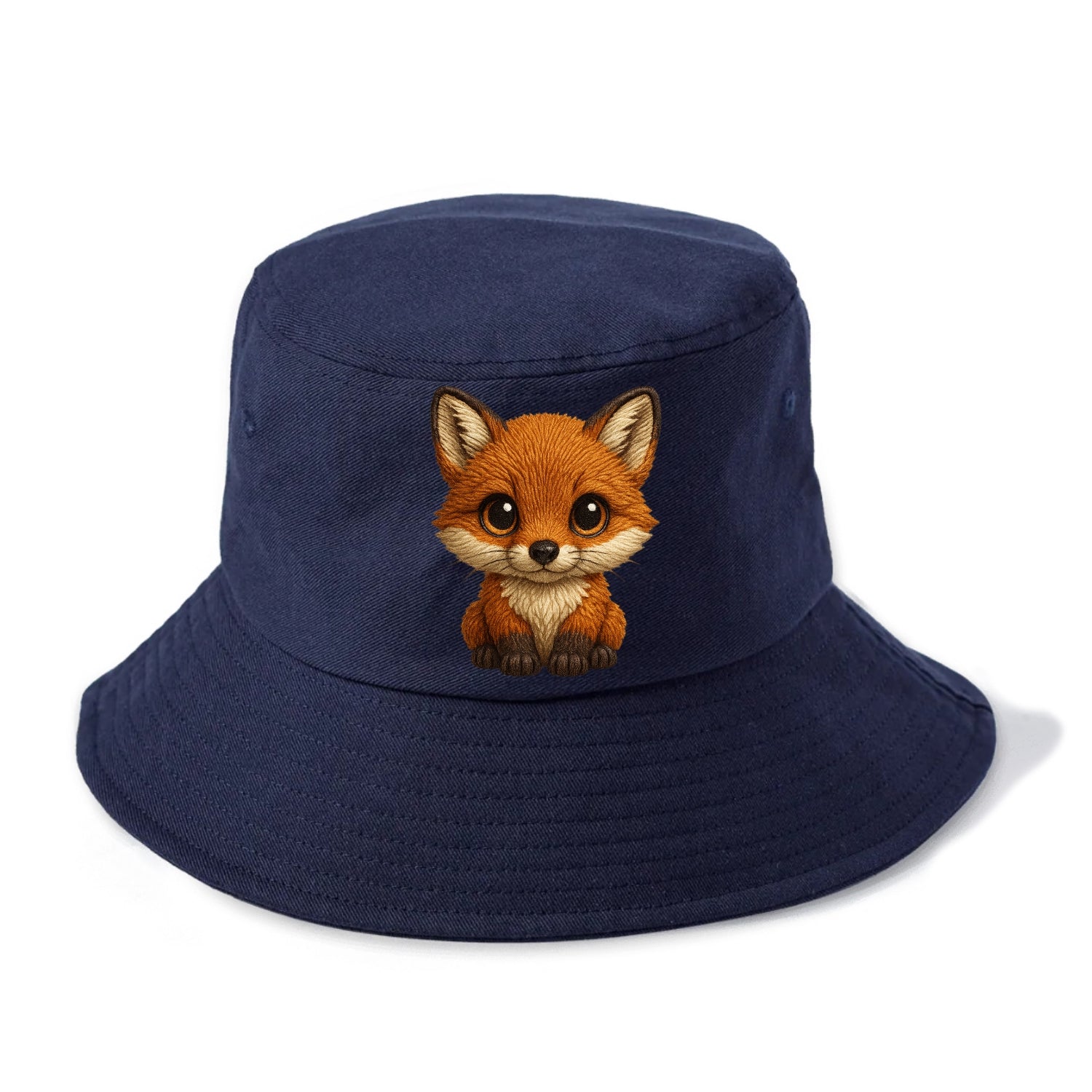 Baby Red Fox - russet fur, white chest, big amber eyes, perky ears, front-facing, - Bucket Hat - Twilight Navy(Blue)