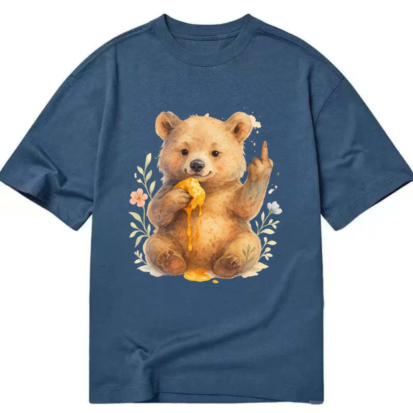 chubby bear cub eating dripping honey, sticky paw up with middle finger - Classic T-shirt - Twilight Navy(Blue)
