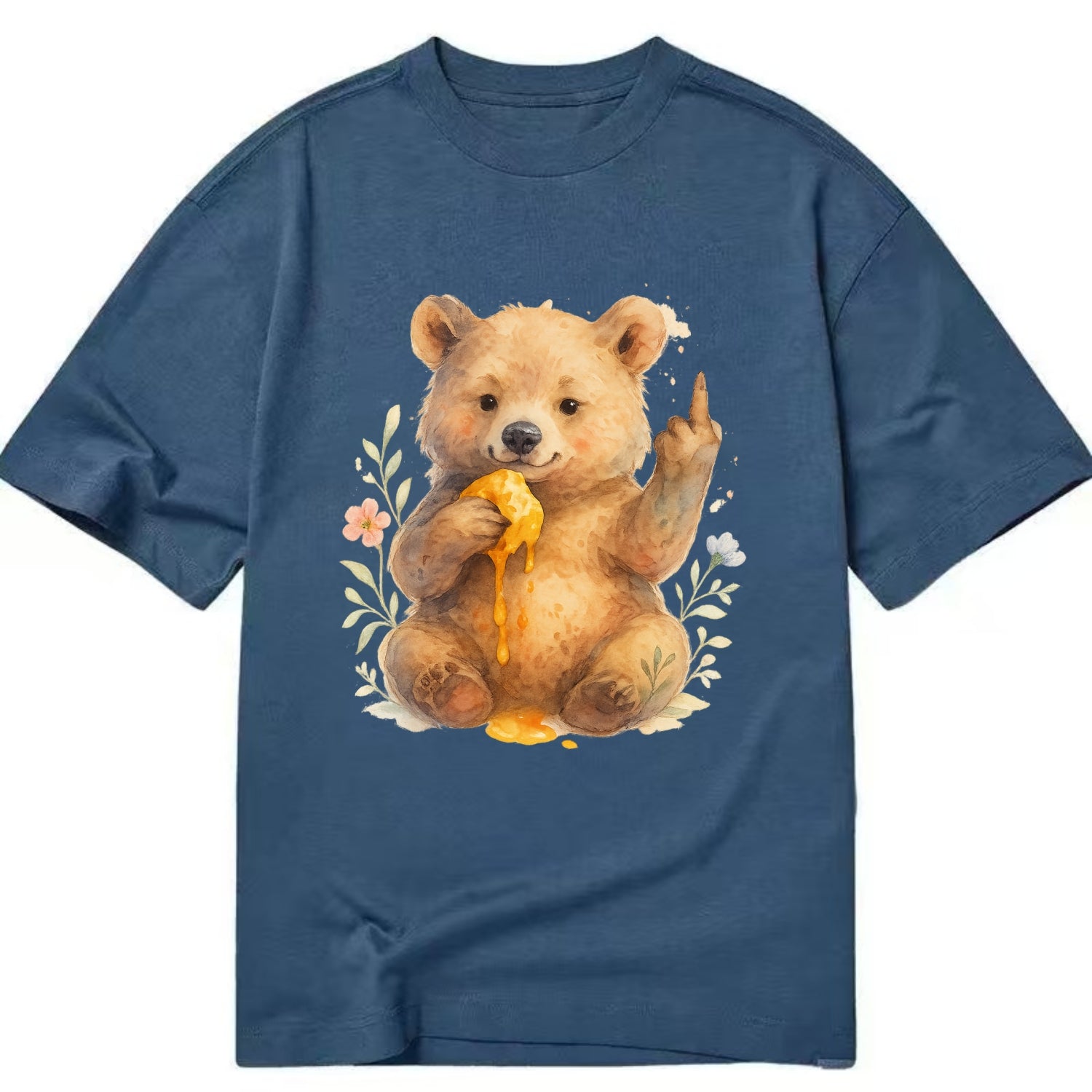 chubby bear cub eating dripping honey, sticky paw up with middle finger - Classic T-shirt - Twilight Navy(Blue)