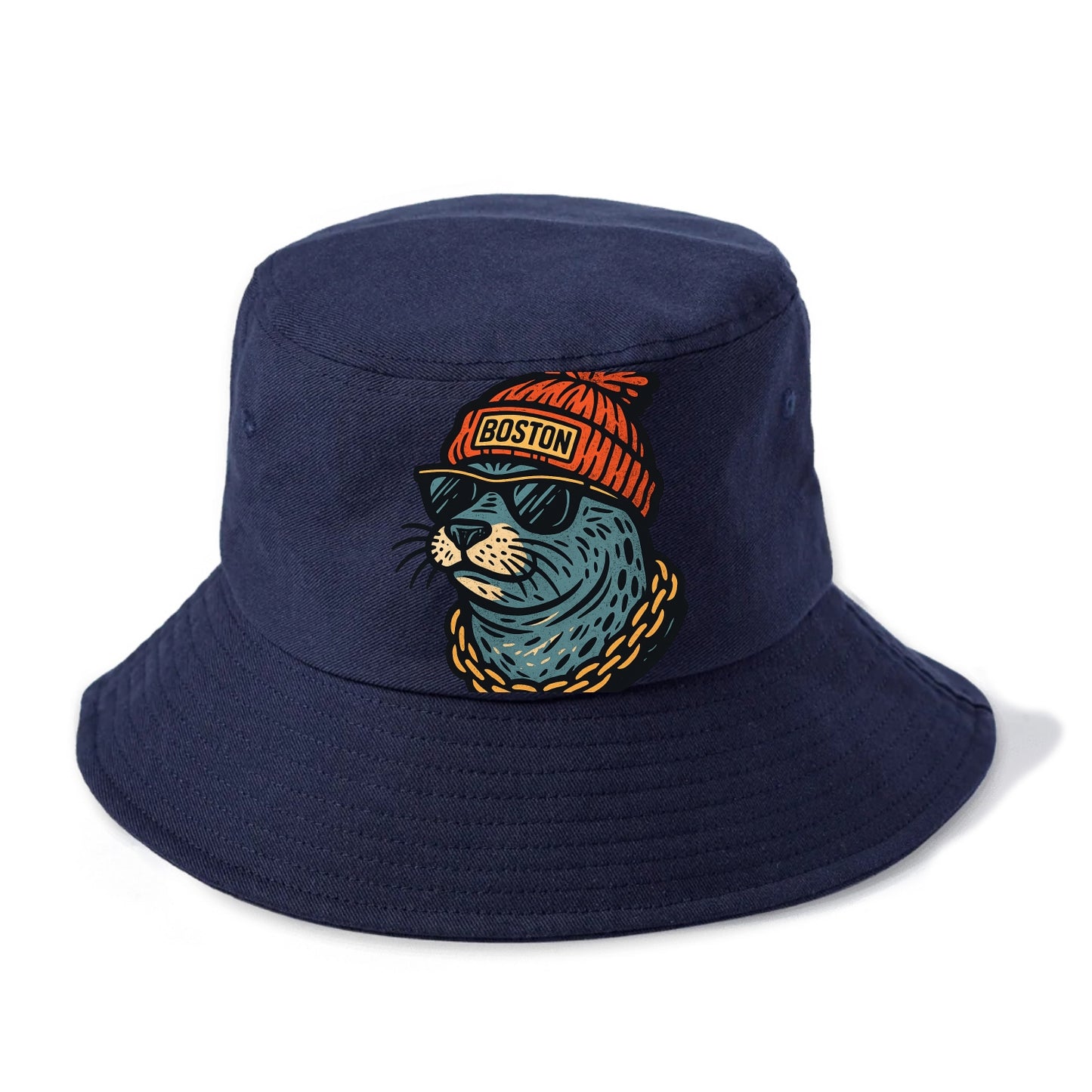 Boston Harbor Seal wearing Boston beanie with pom pom and wayfarer sunglasses - Bucket Hat - Twilight Navy(Blue)