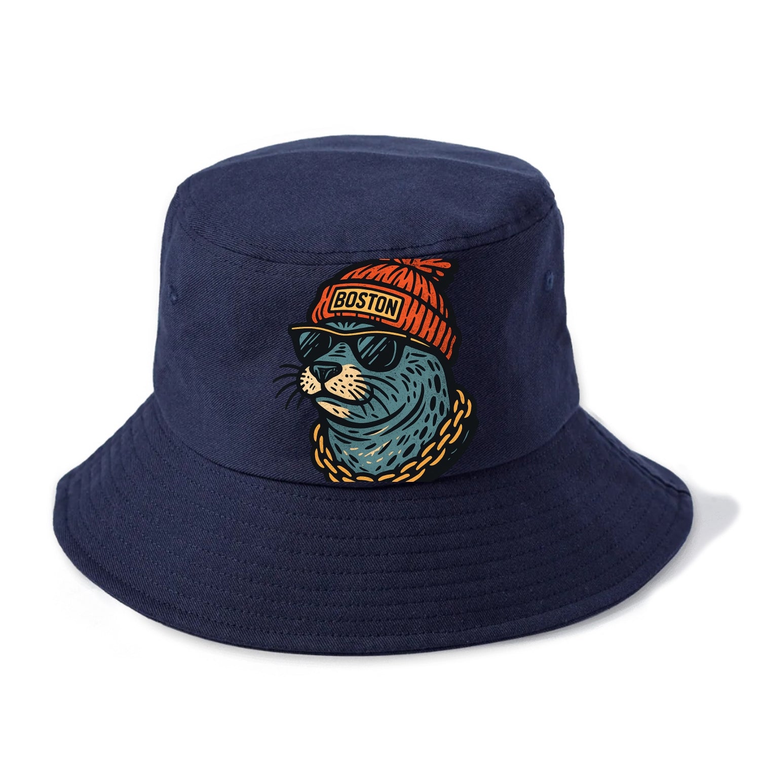 Boston Harbor Seal wearing Boston beanie with pom pom and wayfarer sunglasses - Bucket Hat - Twilight Navy(Blue)