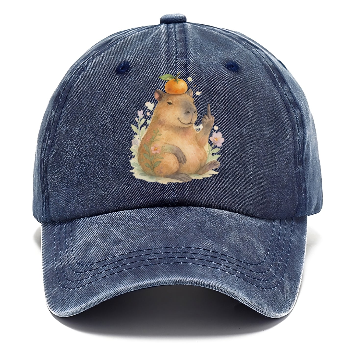 chonky capybara relaxing with orange on head, one webbed middle finger up - Classic Cap - Twilight Navy(Blue)