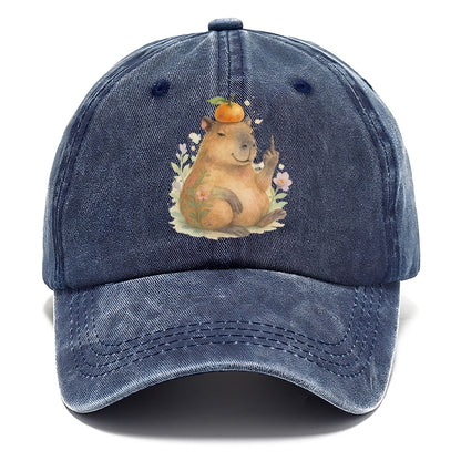 chonky capybara relaxing with orange on head, one webbed middle finger up - Classic Cap - Twilight Navy(Blue)
