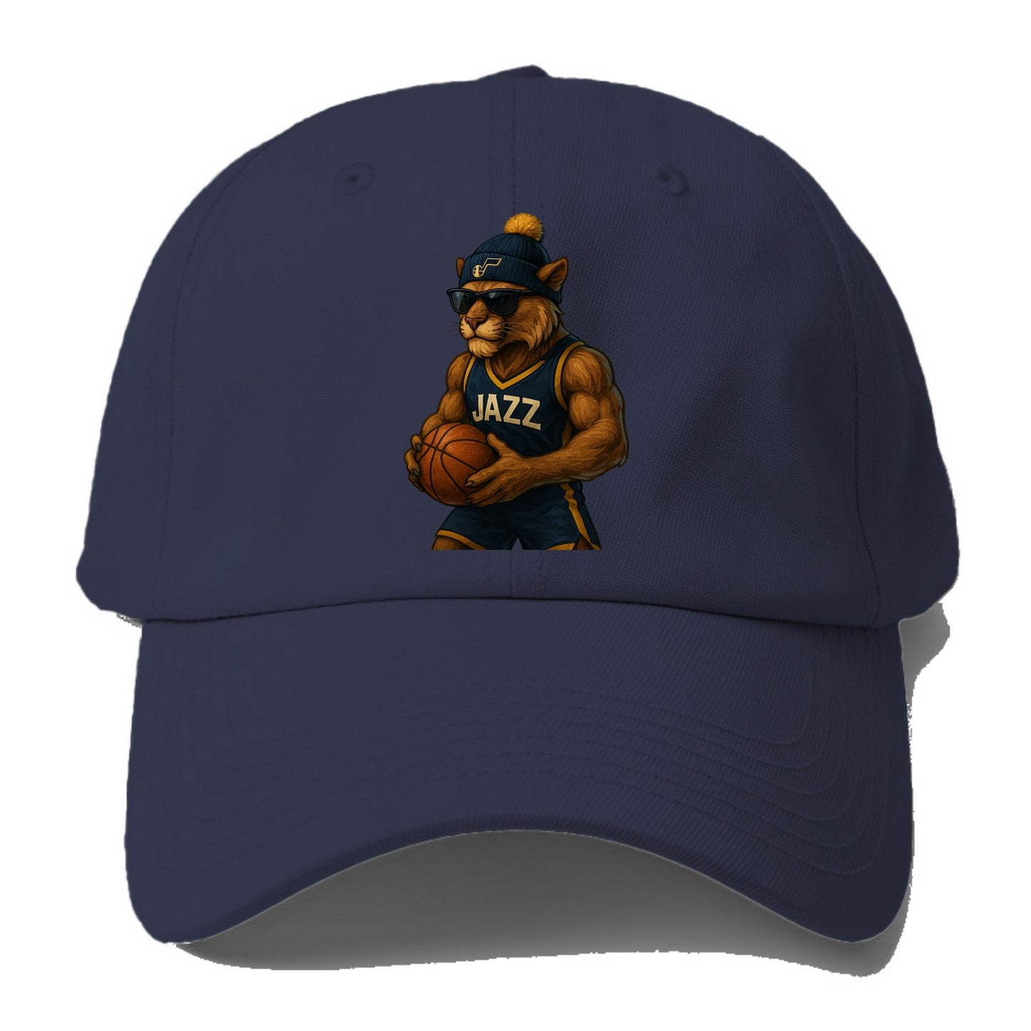Utah Mountain Lion wearing Jazz navy and yellow beanie with music note and wayfarer - Baseball Cap - Twilight Navy(Blue)