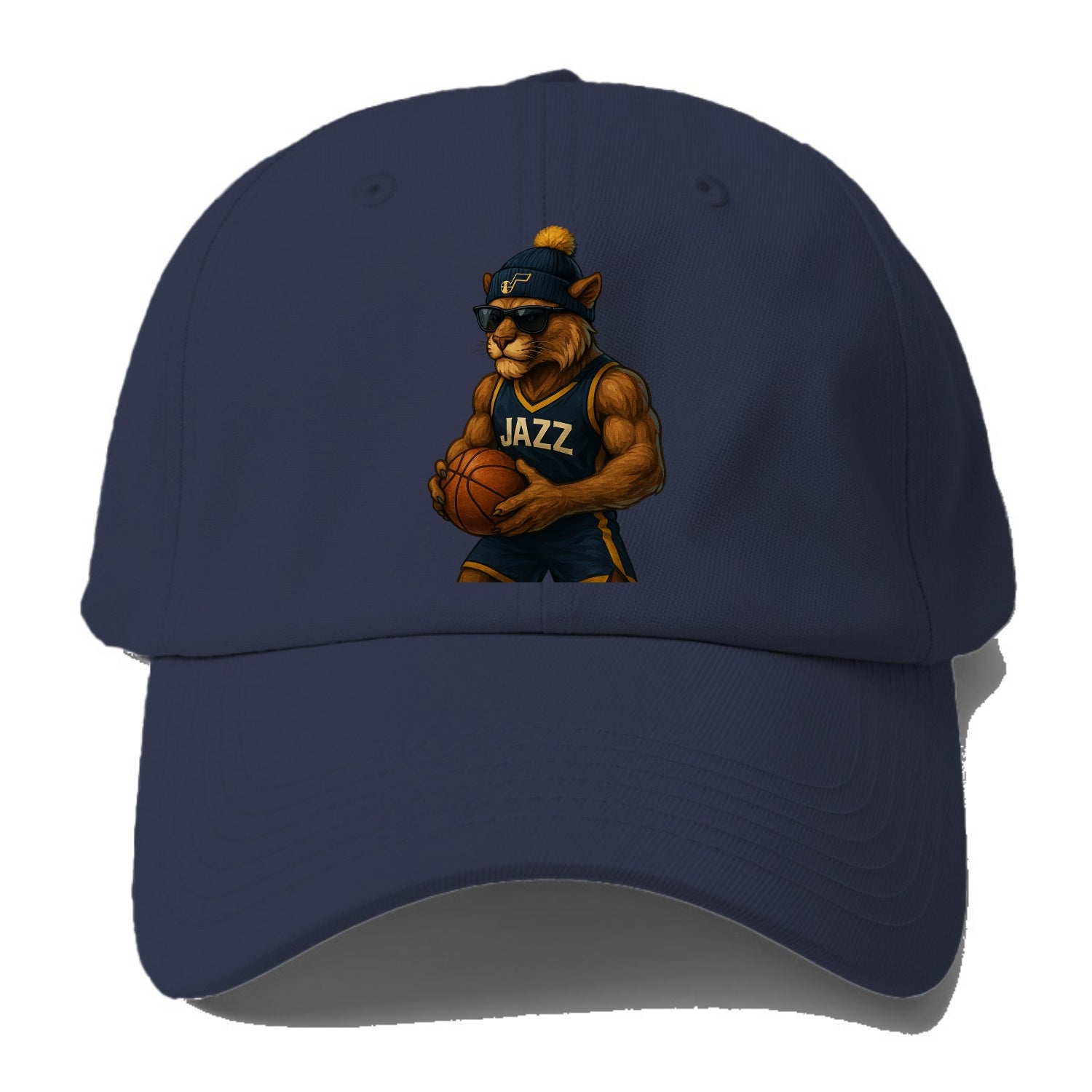 Utah Mountain Lion wearing Jazz navy and yellow beanie with music note and wayfarer - Baseball Cap - Twilight Navy(Blue)