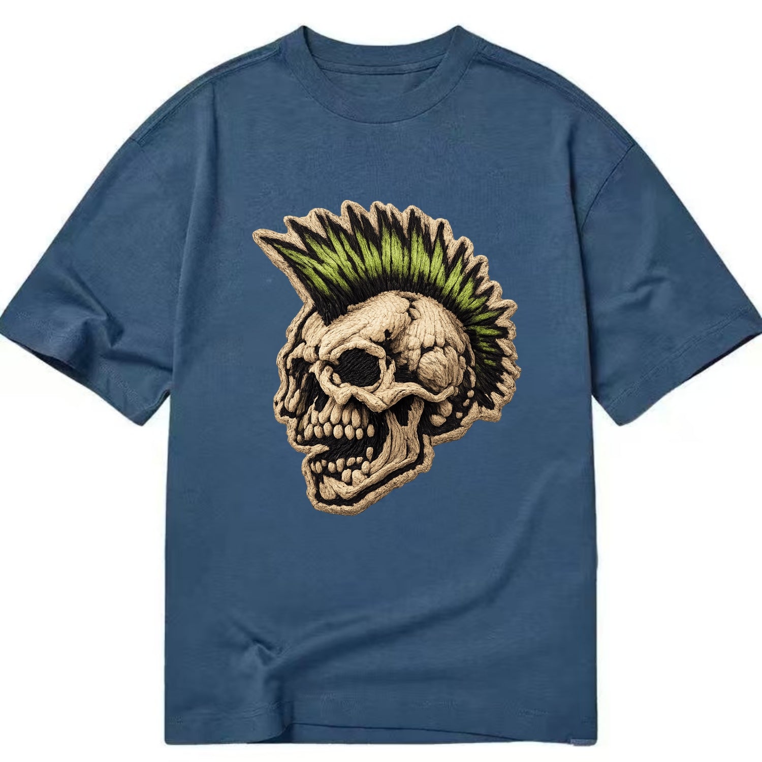 MOHAWK SKULL - punk skull with mohawk in neon green and black , punk rock - Classic T-shirt - Twilight Navy(Blue)