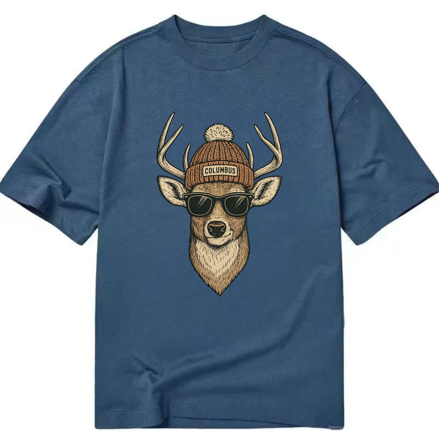 Ohio White-tailed Deer wearing Columbus beanie with pom pom and wayfarer - Classic T-shirt - Twilight Navy(Blue)
