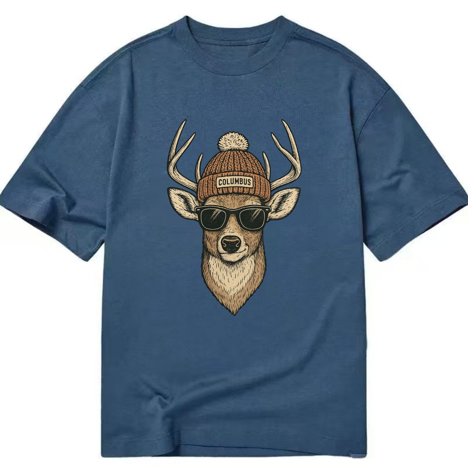 Ohio White-tailed Deer wearing Columbus beanie with pom pom and wayfarer - Classic T-shirt - Twilight Navy(Blue)