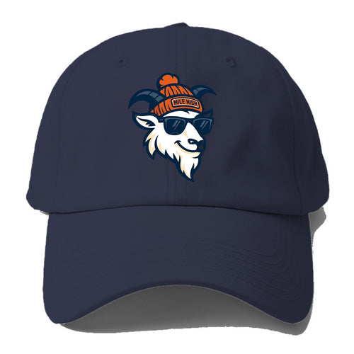 Denver Mountain Goat wearing Broncos beanie with Mile High patch and wayfarer - Baseball Cap