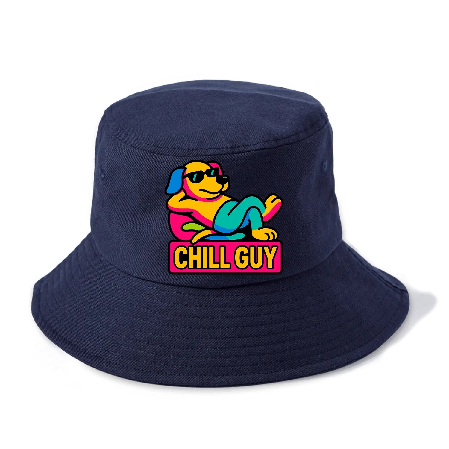 Super relaxed dog character lounging unbothered - "Chill Guy" meme energy, laid back - Bucket Hat - Twilight Navy(Blue)