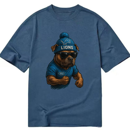 Detroit Pitbull wearing Lions beanie with auto patch and wayfarer sunglasses - Classic T-shirt - Twilight Navy(Blue)
