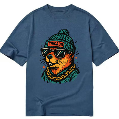 Illinois Prairie Dog wearing Chicago beanie with pom pom and wayfarer sunglasses - Classic T-shirt - Twilight Navy(Blue)