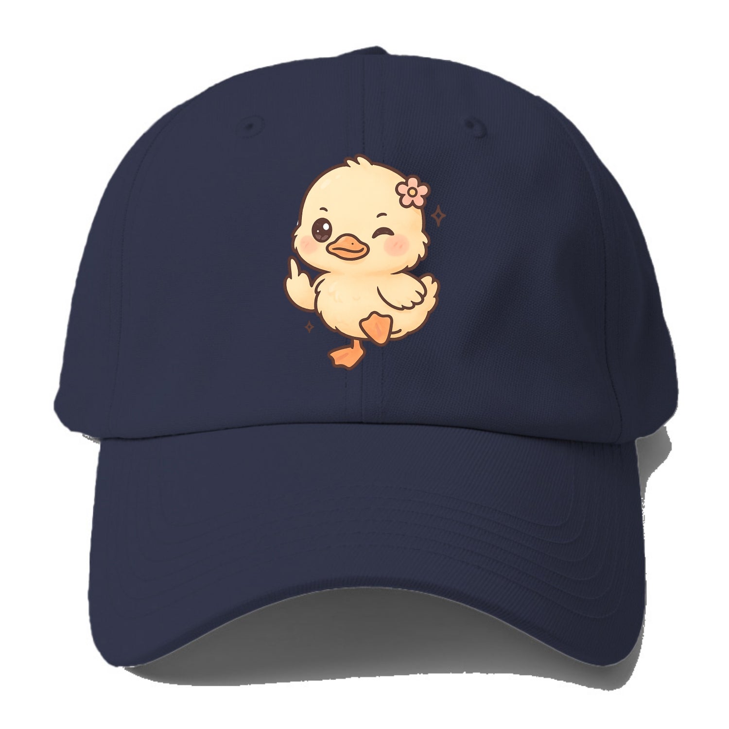 fluffy baby duck with small flower, one webbed foot raised sassily - Baseball Cap For Big Heads - Twilight Navy(Blue)