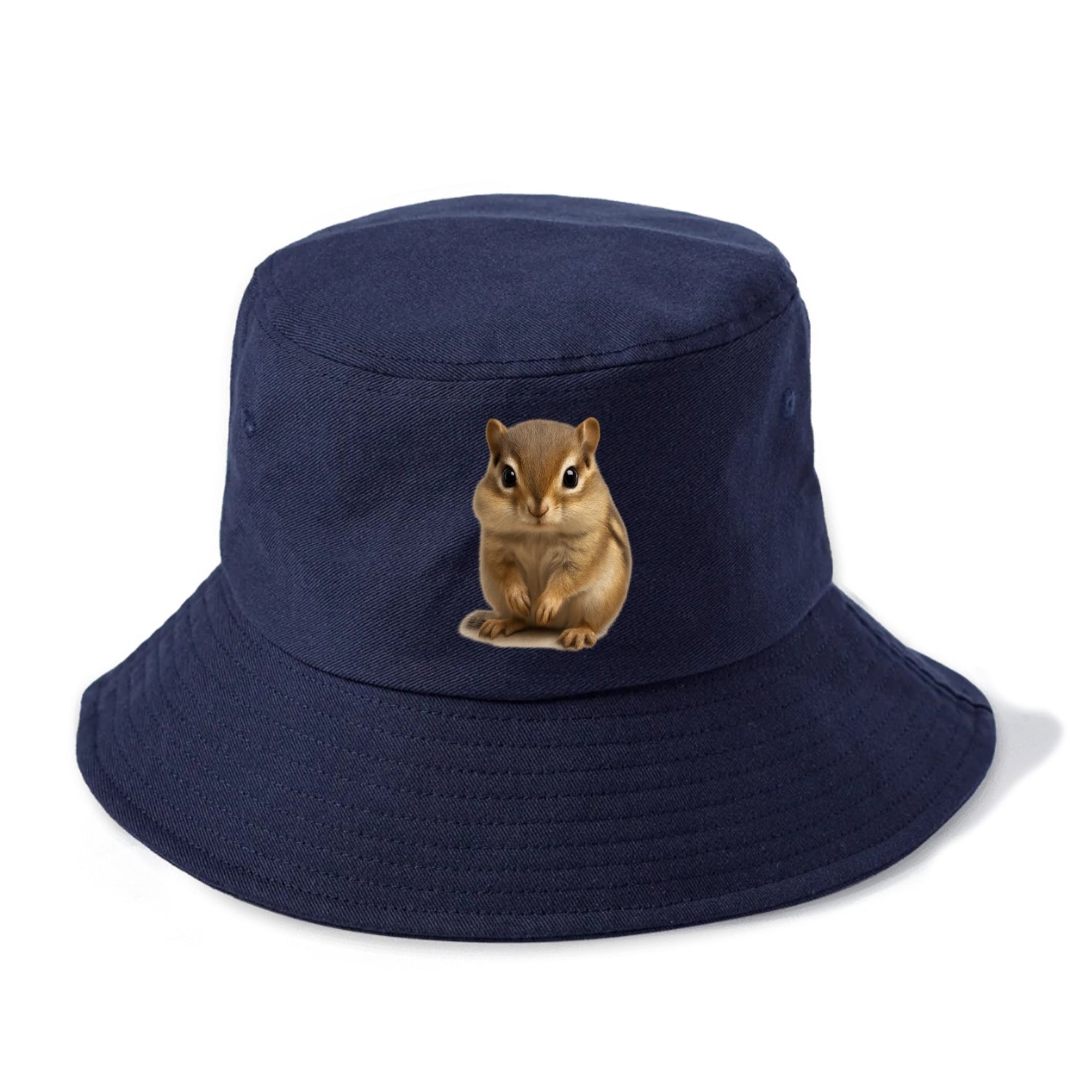 Baby Chipmunk - striped back, cheek pouches, tiny paws, bright eyes, front-facing, - Bucket Hat - Twilight Navy(Blue)