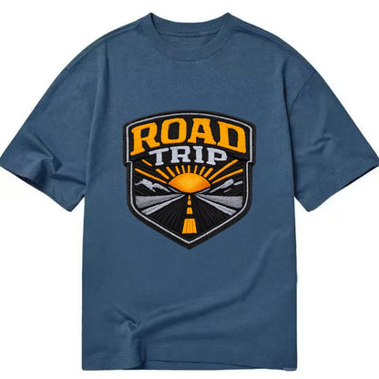 ROAD TRIP - highway and sun in orange and gray , open road - Classic T-shirt - Twilight Navy(Blue)