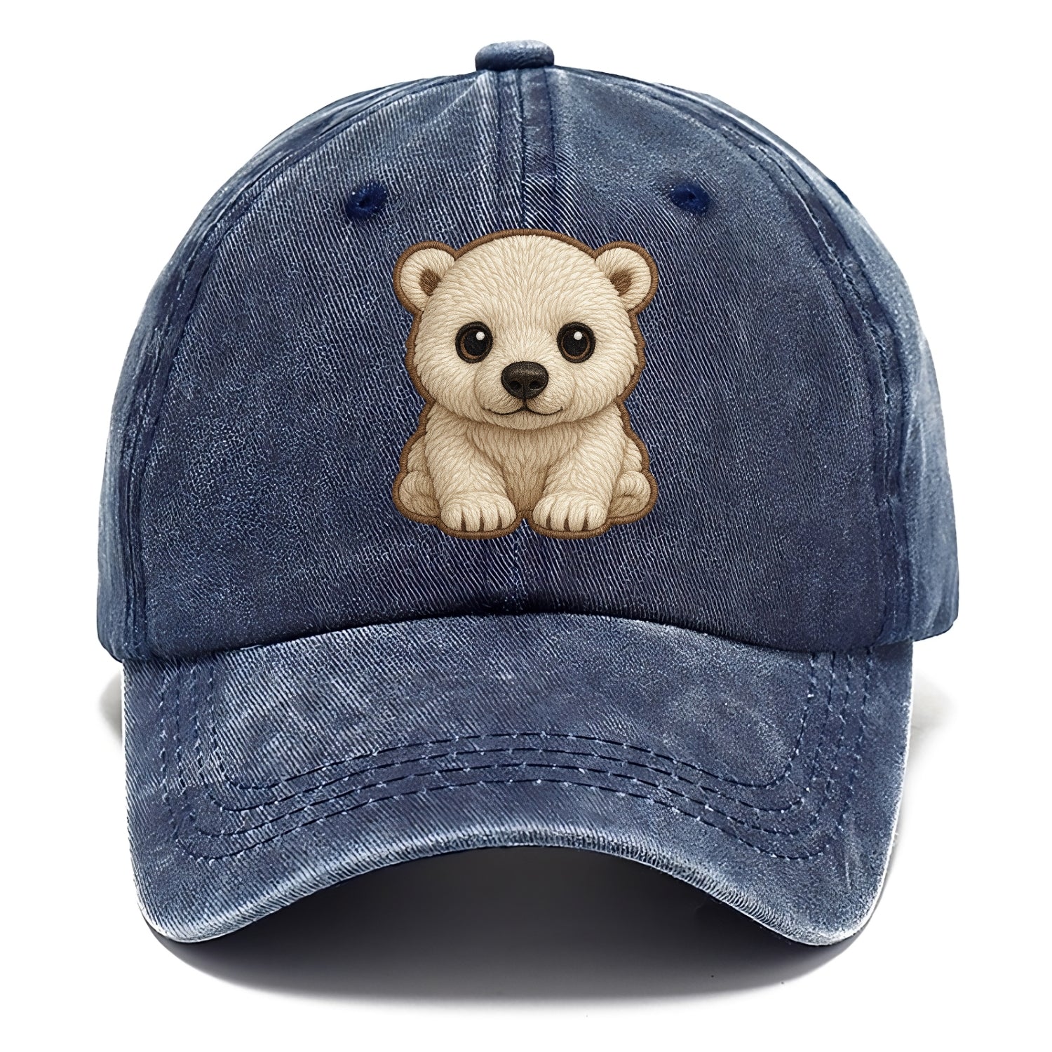 Baby Polar Bear Cub - white fluffy, black nose, dark curious eyes, front-facing, - Classic Cap - Twilight Navy(Blue)