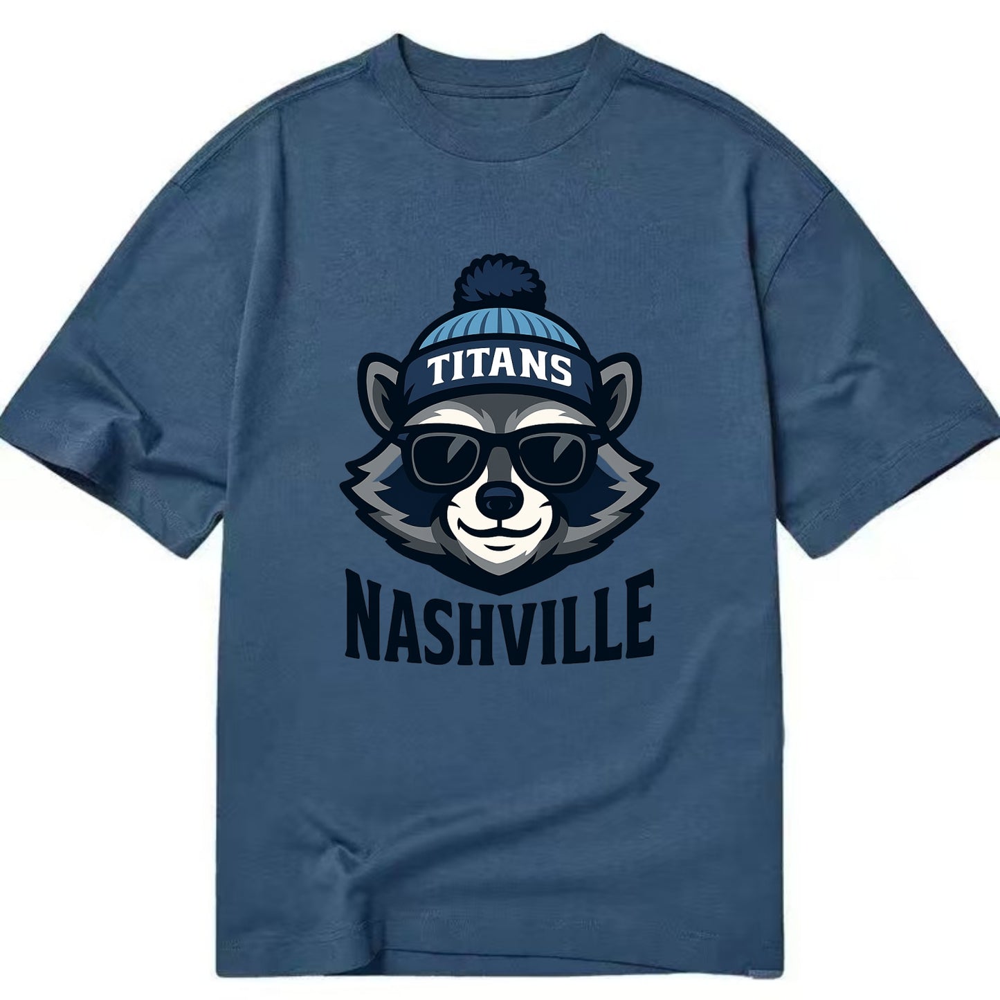 Nashville Raccoon wearing Titans navy and light blue beanie with pom pom and - Classic T-shirt - Twilight Navy(Blue)