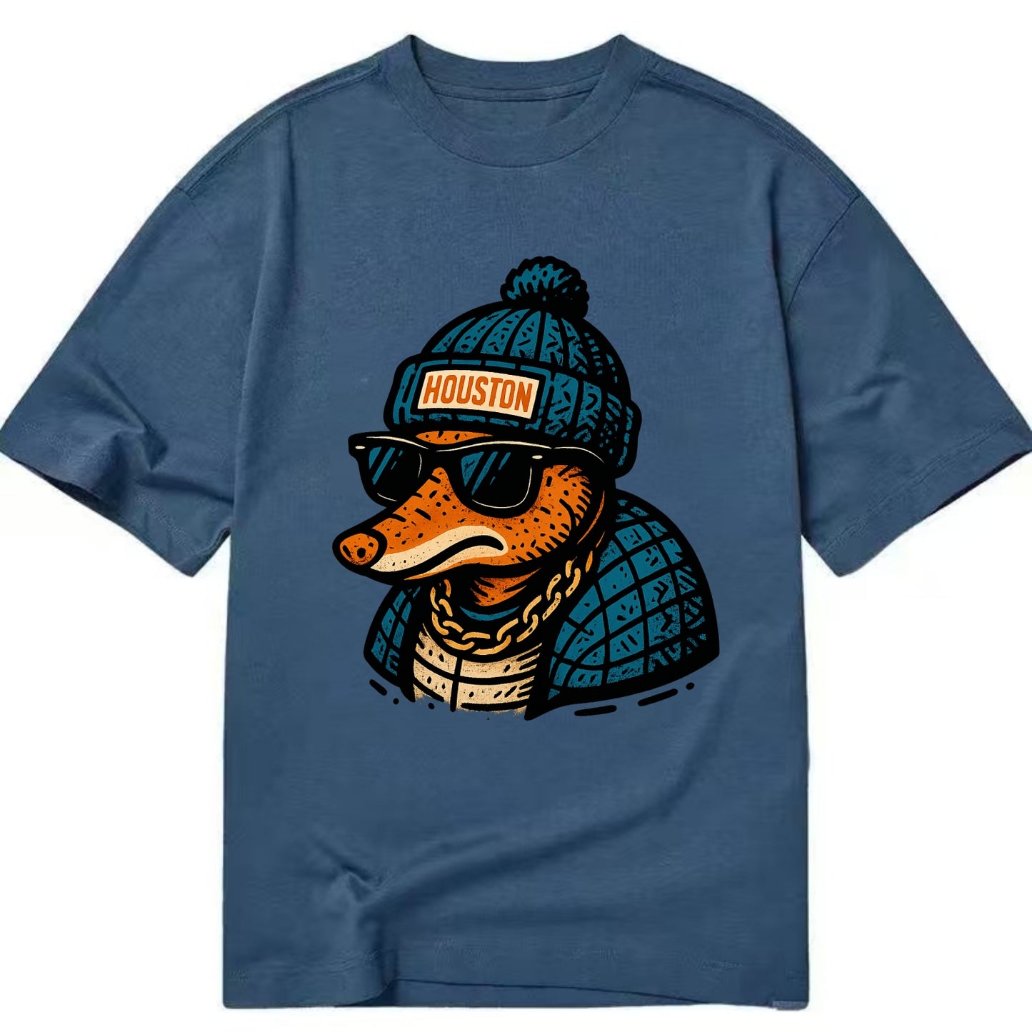 Houston Armadillo wearing Houston beanie with pom pom and wayfarer sunglasses - Classic T-shirt - Twilight Navy(Blue)