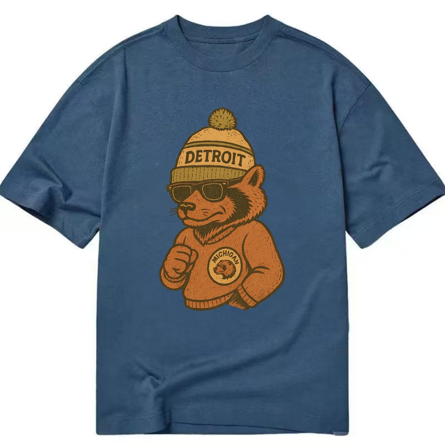 Michigan Wolverine wearing Detroit beanie with pom pom and wayfarer sunglasses - Classic T-shirt - Twilight Navy(Blue)
