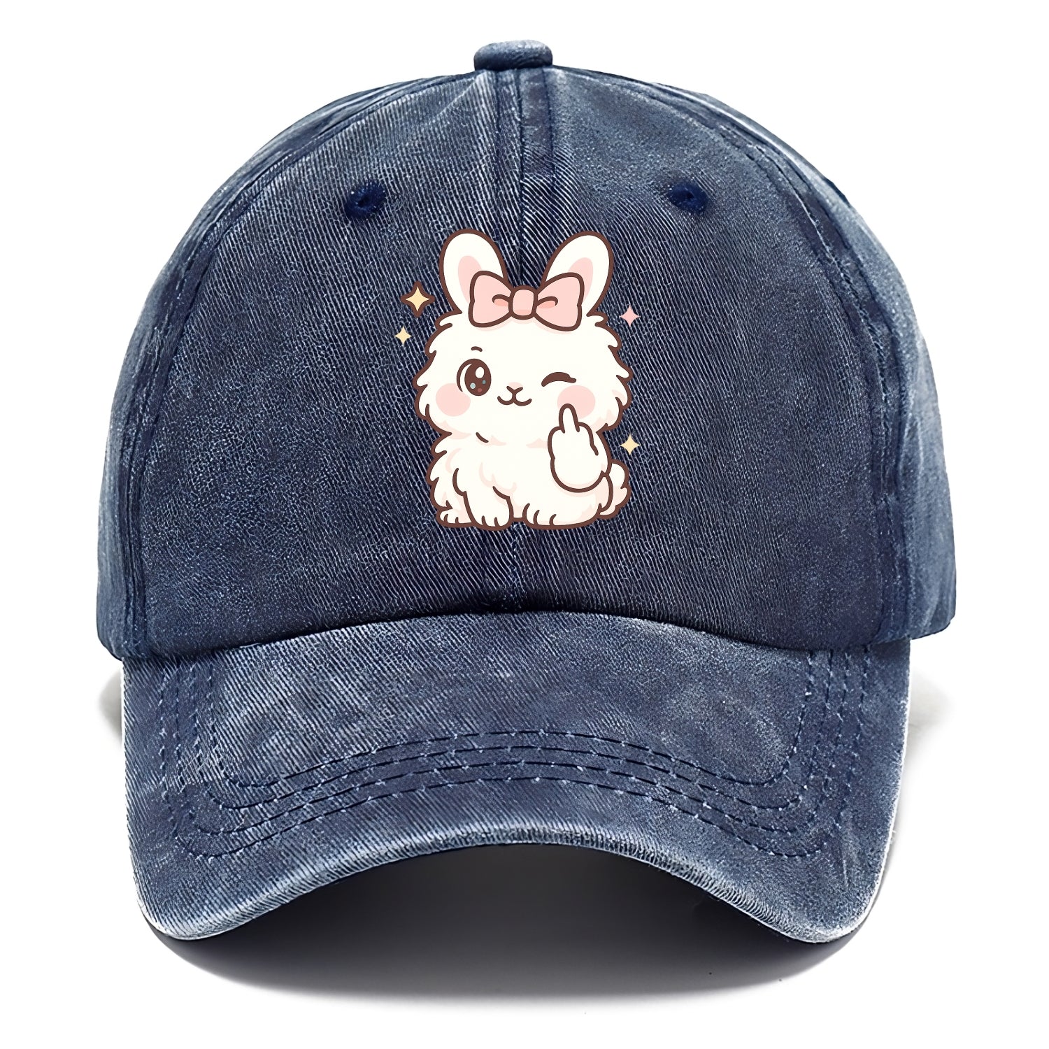 fluffy white angora rabbit with pink bow, one paw delicately flipping off - Classic Cap - Twilight Navy(Blue)