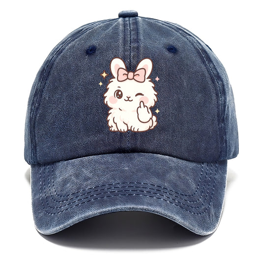fluffy white angora rabbit with pink bow, one paw delicately flipping off - Classic Cap - Twilight Navy(Blue)