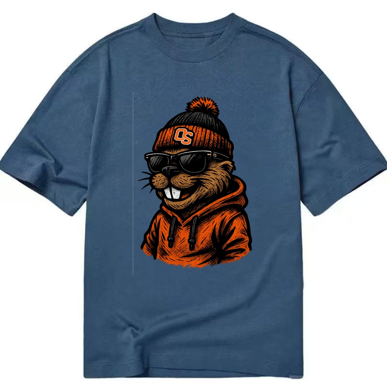 Corvallis Beaver wearing Oregon State beanie with OS patch - Classic T-shirt - Twilight Navy(Blue)