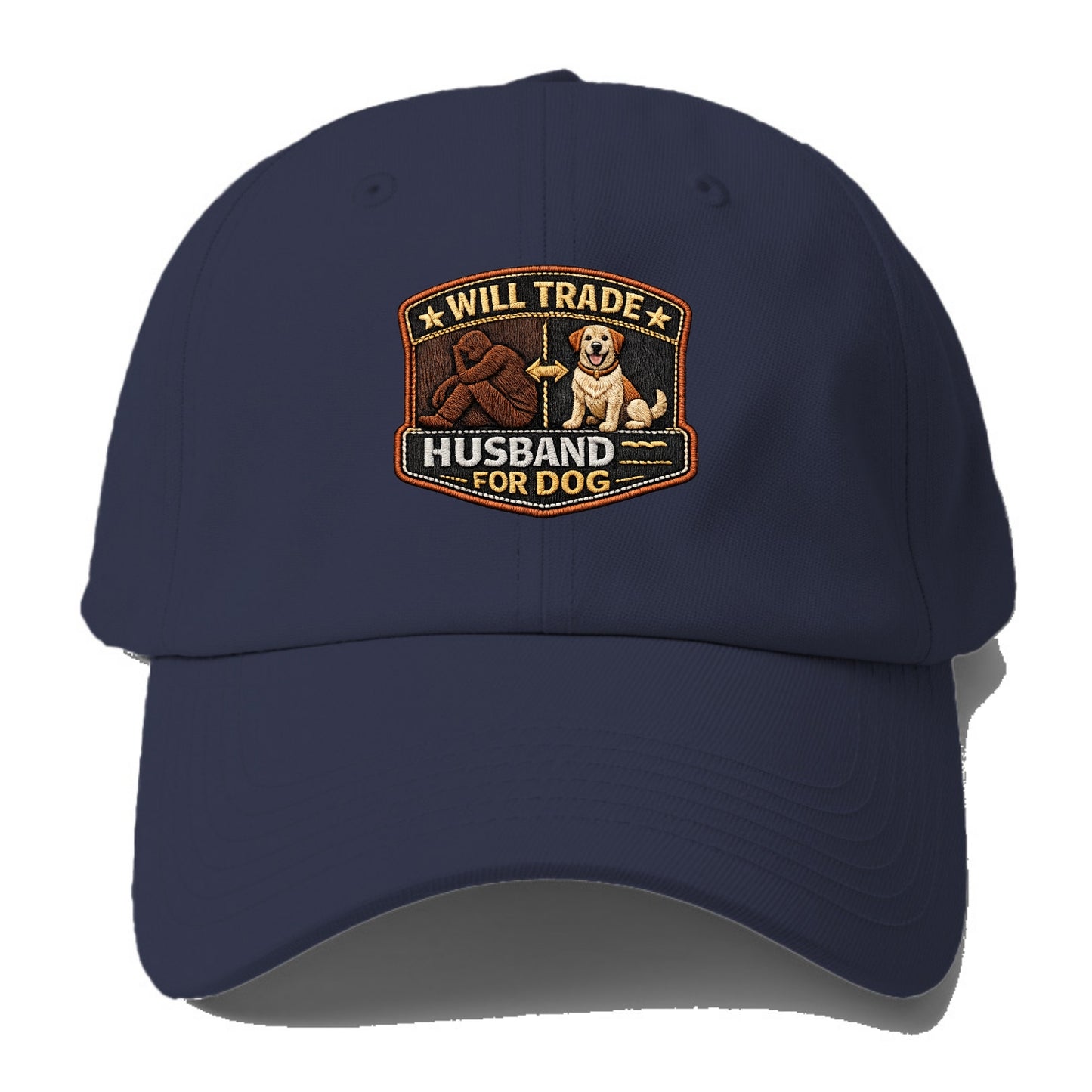WILL TRADE HUSBAND FOR DOG - dog and man silhouette in brown , pet priority - Baseball Cap - Twilight Navy(Blue)