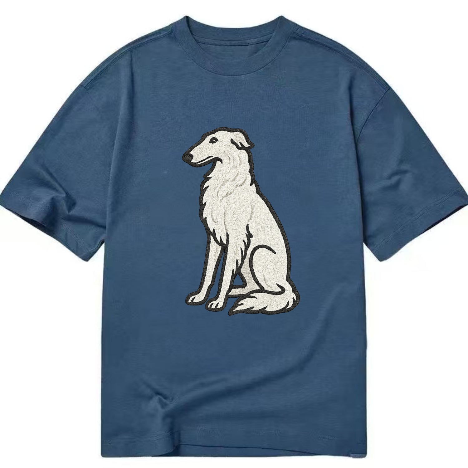 Borzoi - White embroidered sitting pose - Classic T-shirt - Twilight Navy(Blue)