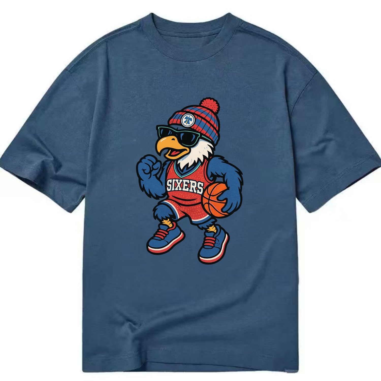 Philadelphia Eagle wearing 76ers red white and blue beanie with bell patch and - Classic T-shirt - Twilight Navy(Blue)