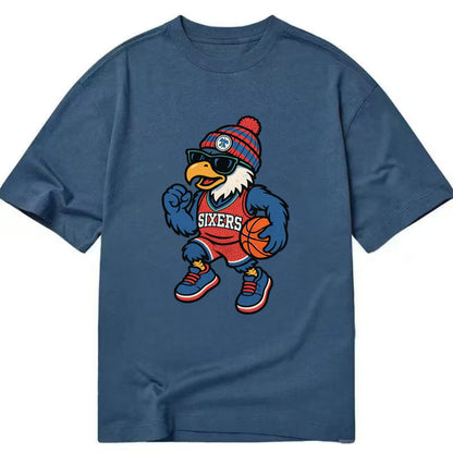 Philadelphia Eagle wearing 76ers red white and blue beanie with bell patch and - Classic T-shirt - Twilight Navy(Blue)