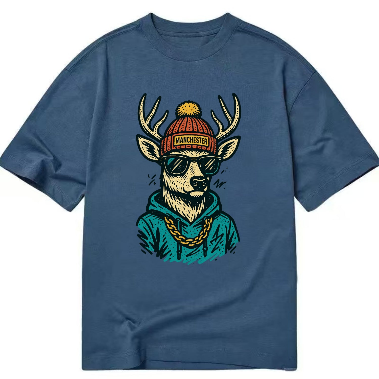 New Hampshire White-tailed Deer wearing Manchester beanie with pom pom and - Classic T-shirt - Twilight Navy(Blue)