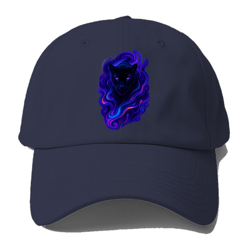 Sleek black panther emerging from swirls of deep purple and electric blue, - Baseball Cap