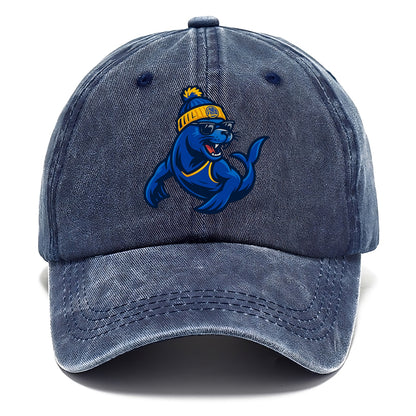 Bay Area Sea Lion wearing Warriors blue and gold beanie with Golden Gate and wayfarer - Classic Cap - Twilight Navy(Blue)