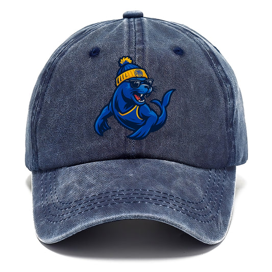 Bay Area Sea Lion wearing Warriors blue and gold beanie with Golden Gate and wayfarer - Classic Cap - Twilight Navy(Blue)