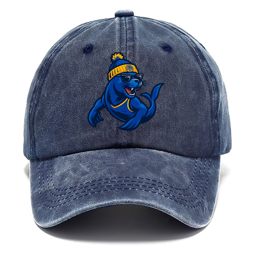 Bay Area Sea Lion wearing Warriors blue and gold beanie with Golden Gate and wayfarer - Classic Cap