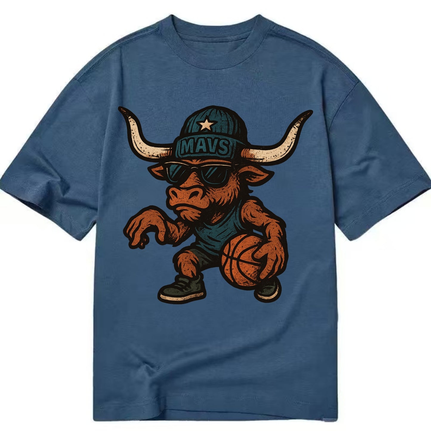 Texas Longhorn wearing Mavs beanie with lone star patch and wayfarer sunglasses - Classic T-shirt - Twilight Navy(Blue)